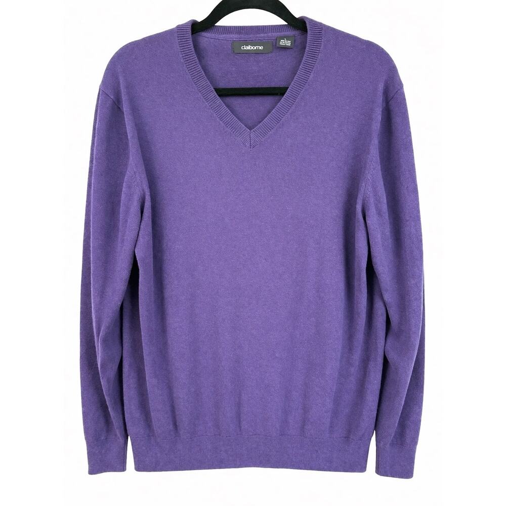 Claiborne Mens V-Neck Sweater‎ Large Purple Cotton Cashmere Preppy Quiet Luxury